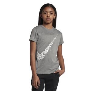 NIKE, GIRLS YL, DRI-FIT JUMBO NIKE SWOOSH T-SHIRT, HEATHER GREY, SHORT SLEEVE